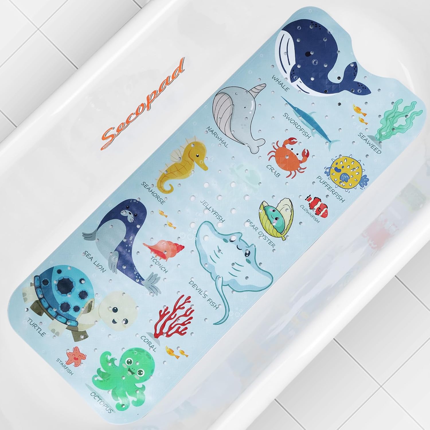 Ocean Friends | Extra Long Non-Slip Bath Mat with Cartoon Design | Safe & Comfortable for Kids 1