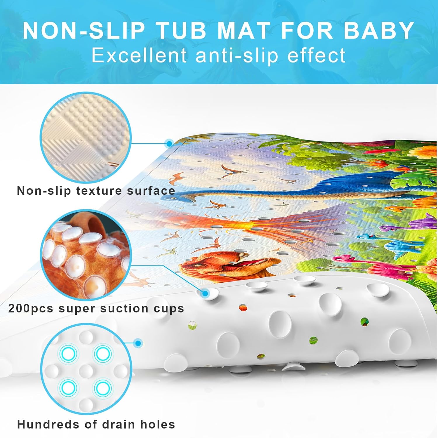 Dinosaur Adventure | Non-Slip Baby Bath Mat with 200 Suction Cups | Eco-Certified for Safe Bath Time Fun 5