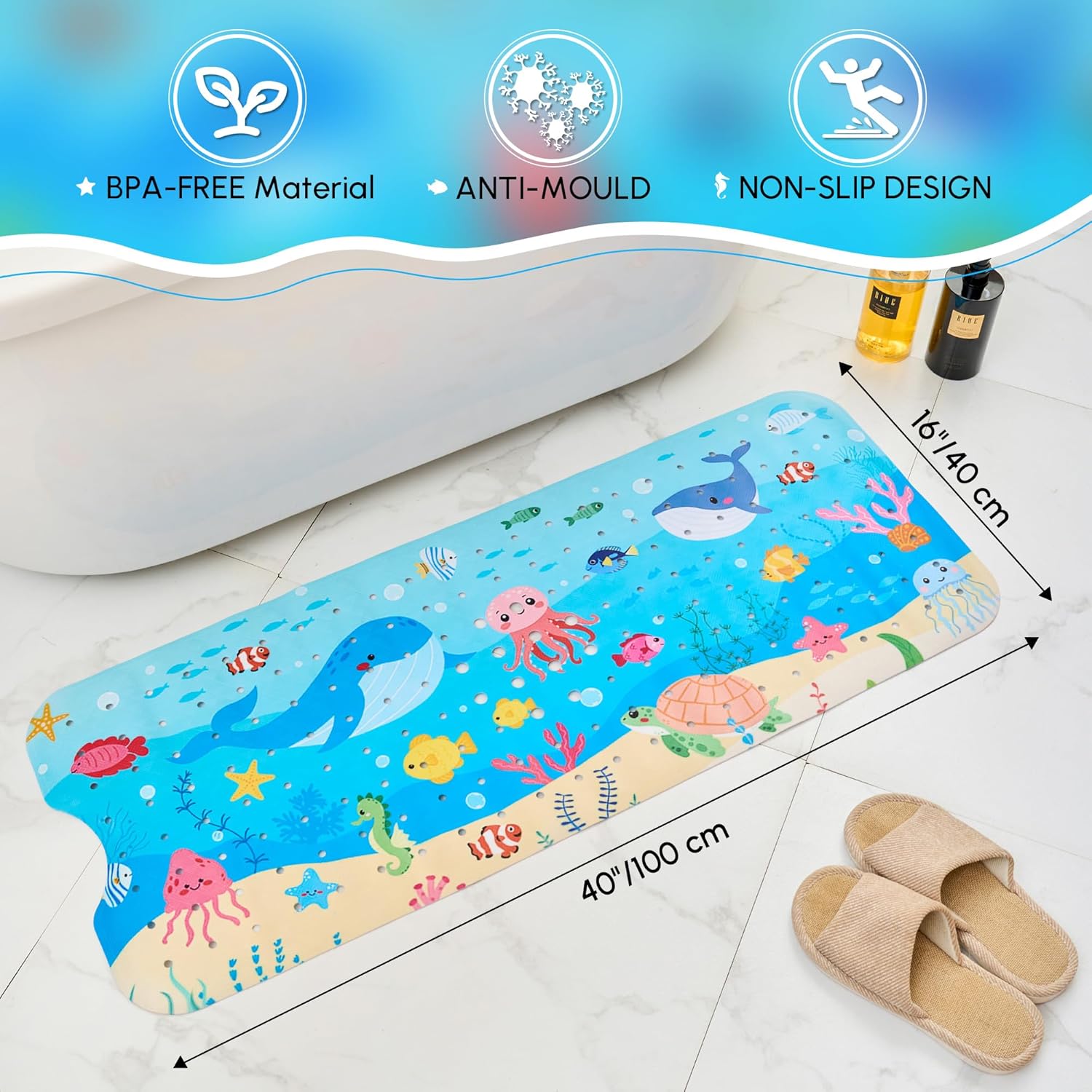 Vannokor | Non-Slip Baby Bath Mat with Drain Holes & Suction Cups | Extra Long 40x16 Inch for Safe Bathing 1
