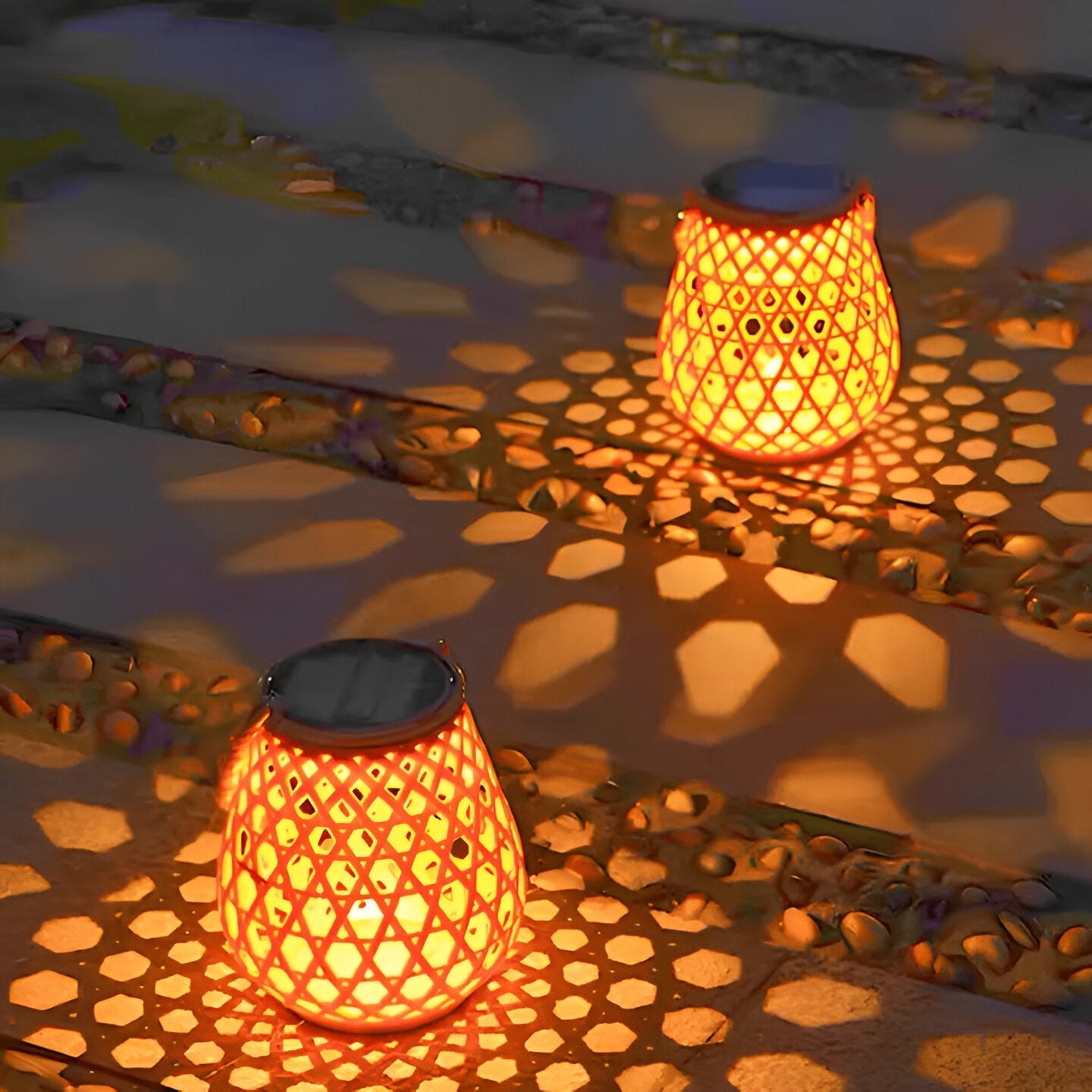 Elegant Solar Outdoor Lantern Light with Woven Pattern Shade for Ambient Lighting 4