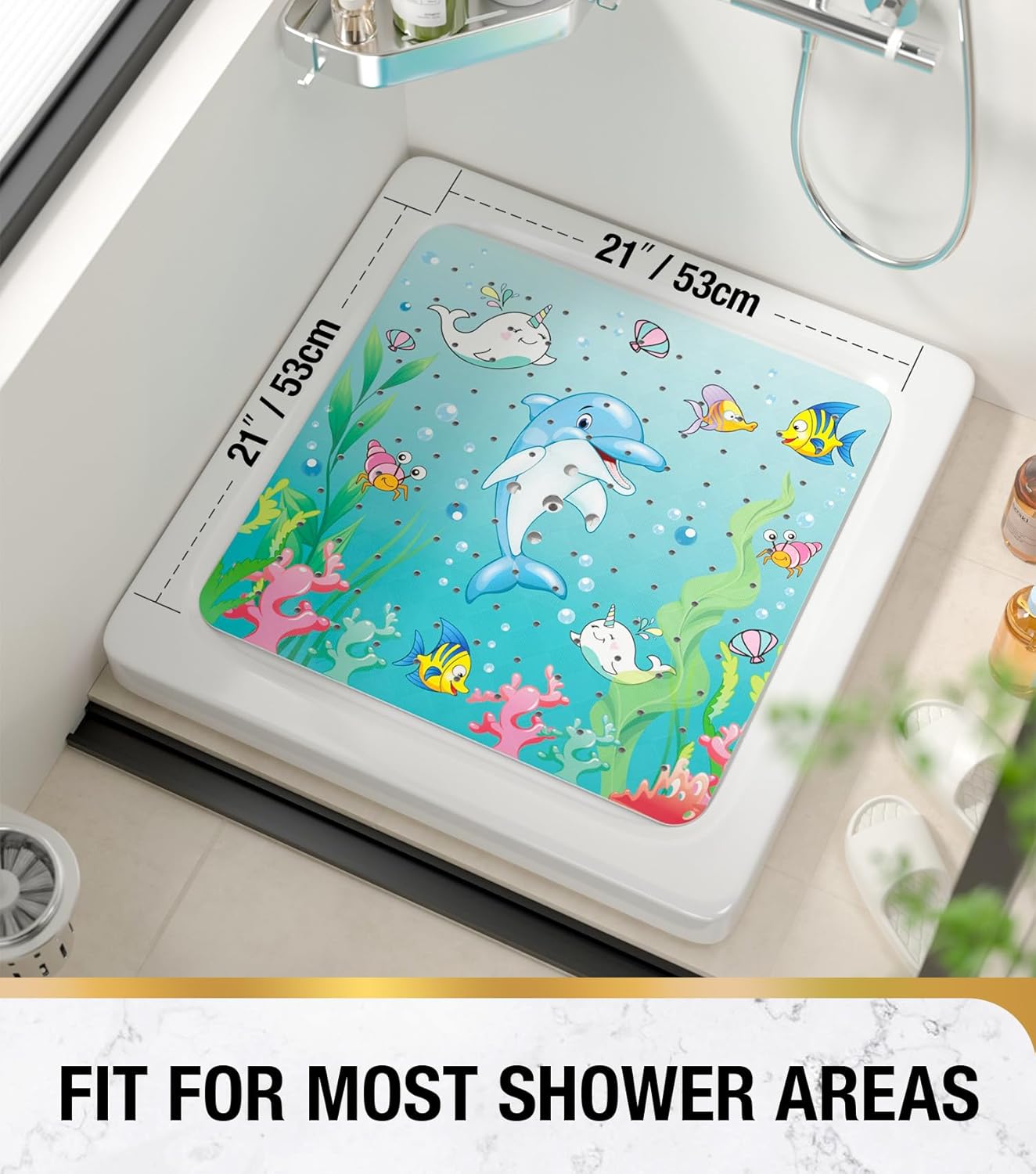 Dolphin Square Shower Mat | Non-Slip Design with 144 Suction Cups | Quick-Dry Surface for Safe Showers 3