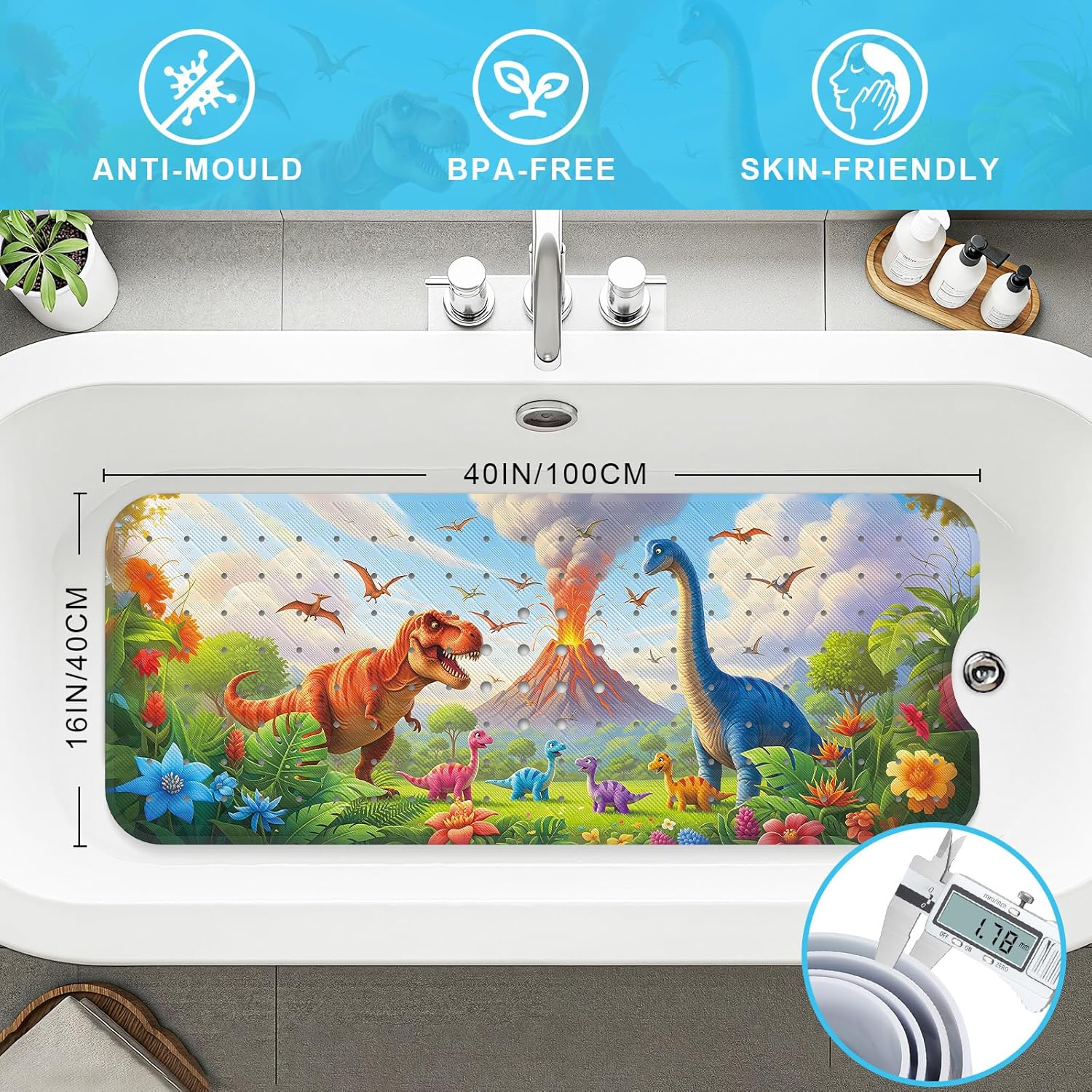 Dinosaur Adventure | Non-Slip Baby Bath Mat with 200 Suction Cups | Eco-Certified for Safe Bath Time Fun 2