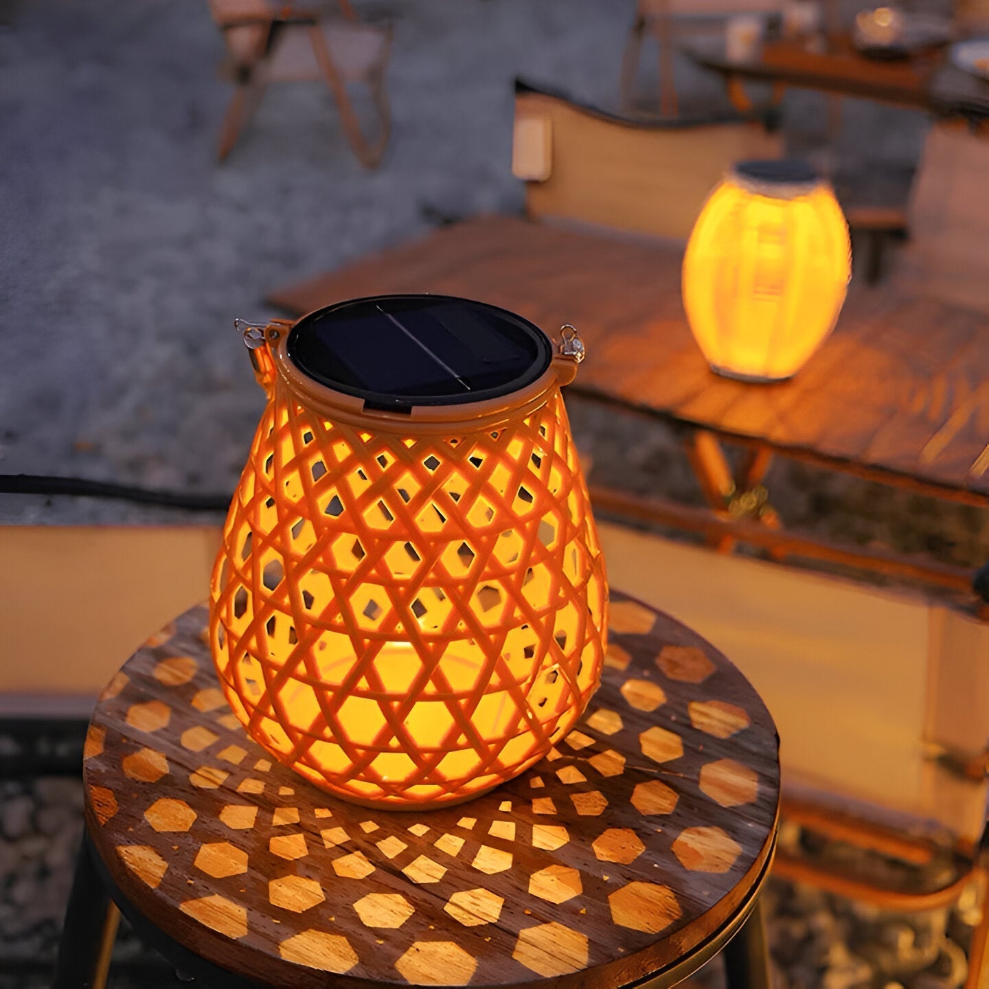 Elegant Solar Outdoor Lantern Light with Woven Pattern Shade for Ambient Lighting 2