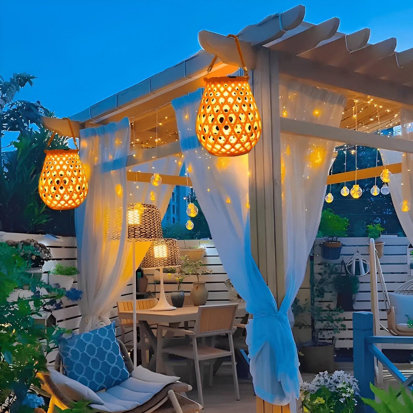 Elegant Solar Outdoor Lantern Light with Woven Pattern Shade for Ambient Lighting 3
