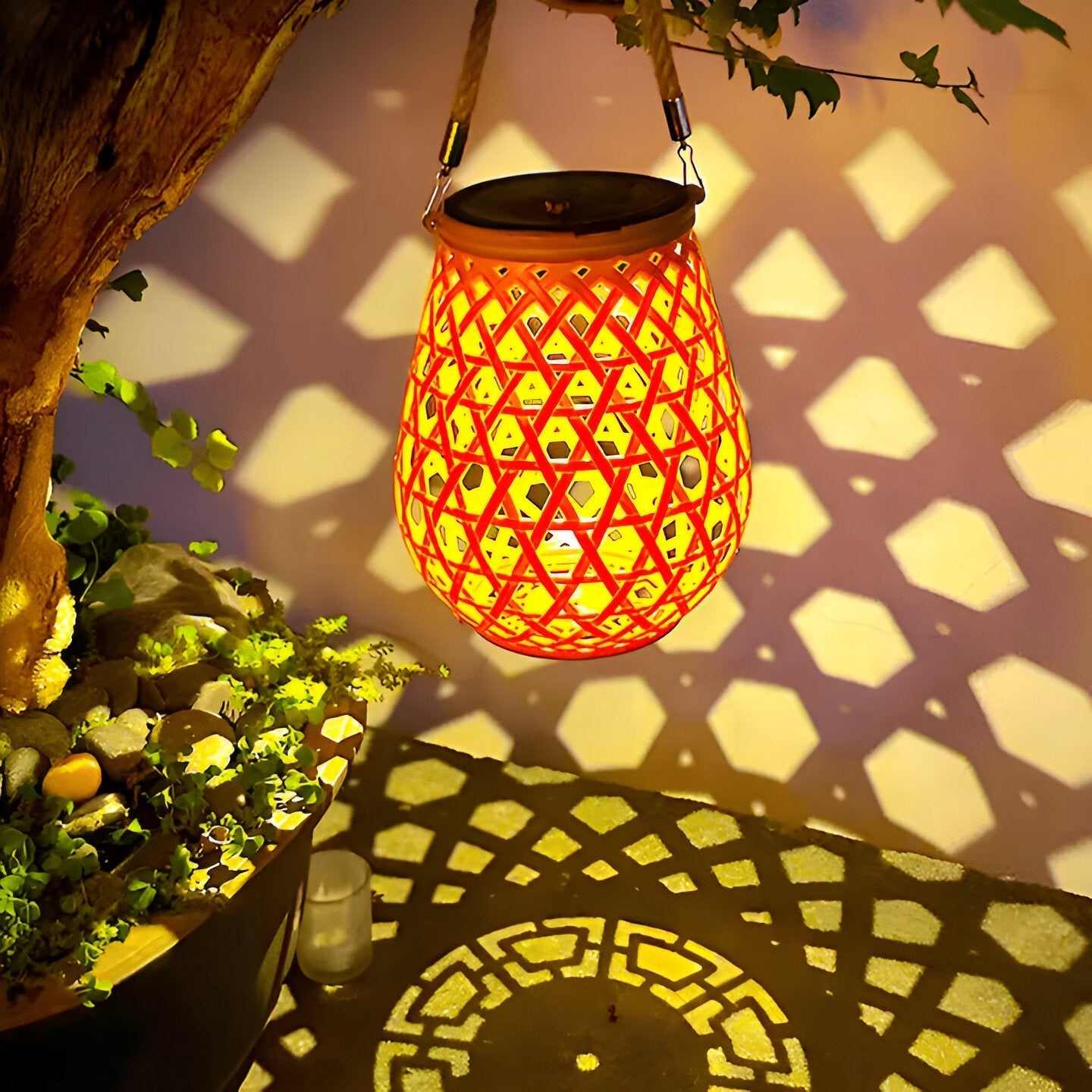 Elegant Solar Outdoor Lantern Light with Woven Pattern Shade for Ambient Lighting 8